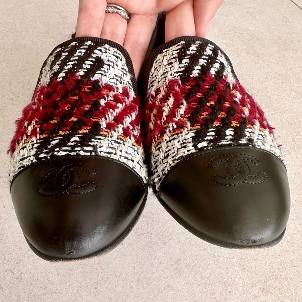 Chanel CC Logo Leather Cap Toe Multicolor Tweed Flat Loafers EU 38 US 7-7.5 - Picture 8 of 11